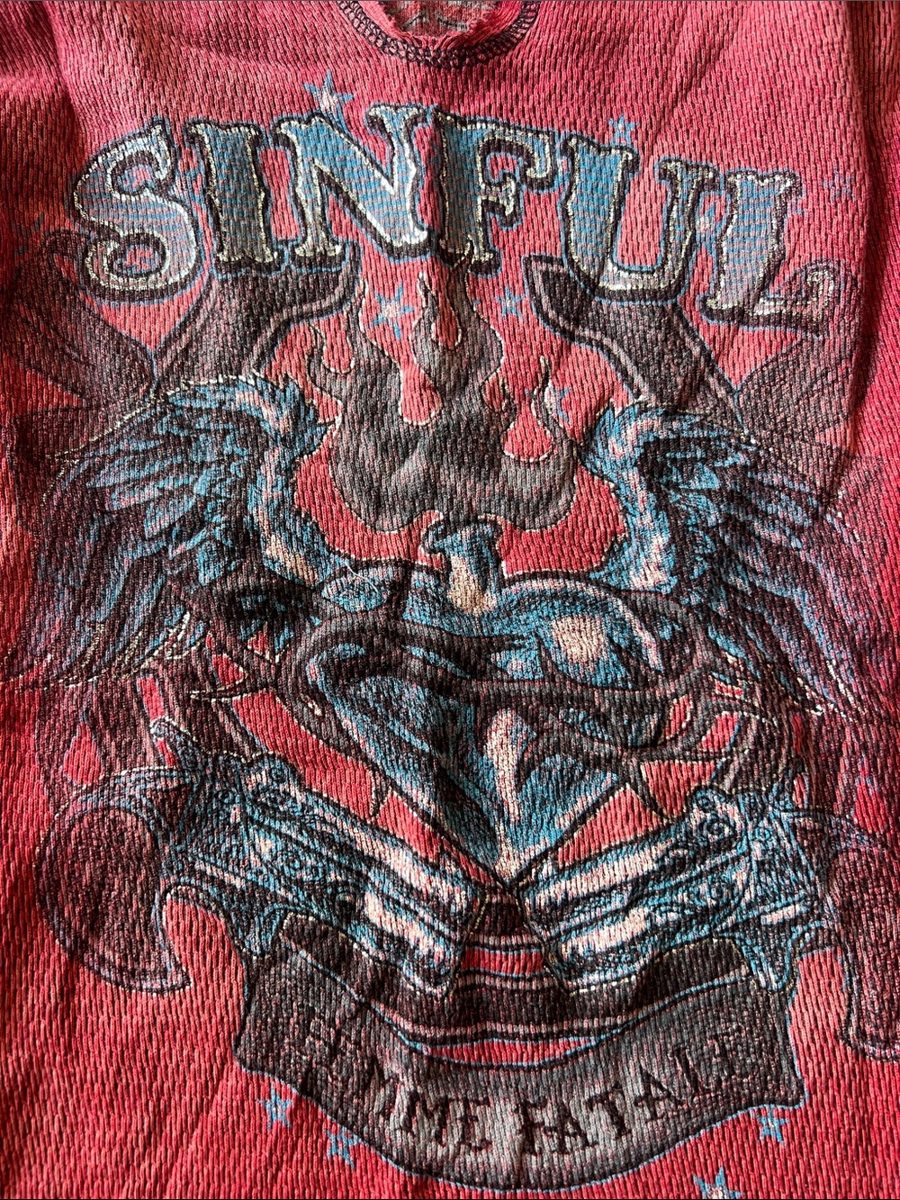 “double sided” Sinful Graphic Ribbed thermal in Red with Blue Accents